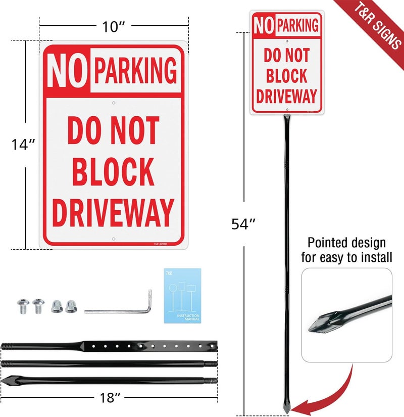 TR Large No Parking Sign Do Not Block Driveway Sign with 54" Stake - 2 Pack - 14"x10" .040 Rust Free Aluminum, Reflective, Waterproof and Fade Resistant, 2 pre-drilled holes, Includes Matching Screws & Wrench, Easy to Mount - Image 2